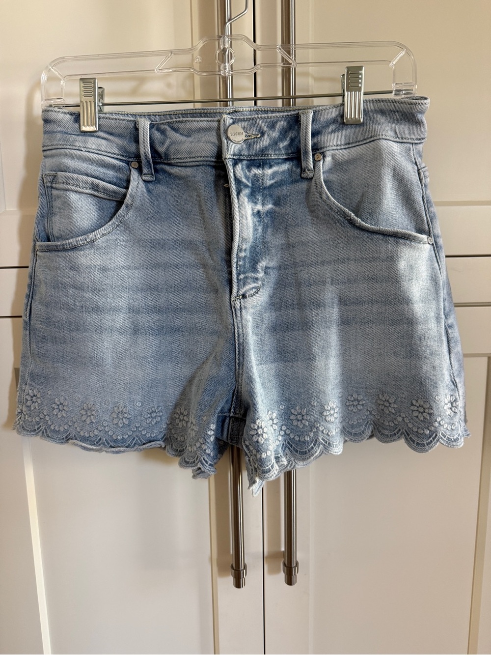 Light Blue Denim Shorts with Floral Scallop Hem by